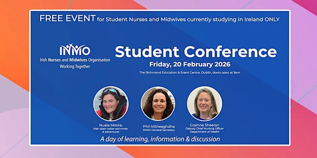 Graphic for student nurse and midwife conference with three speaker pictures and speaker names